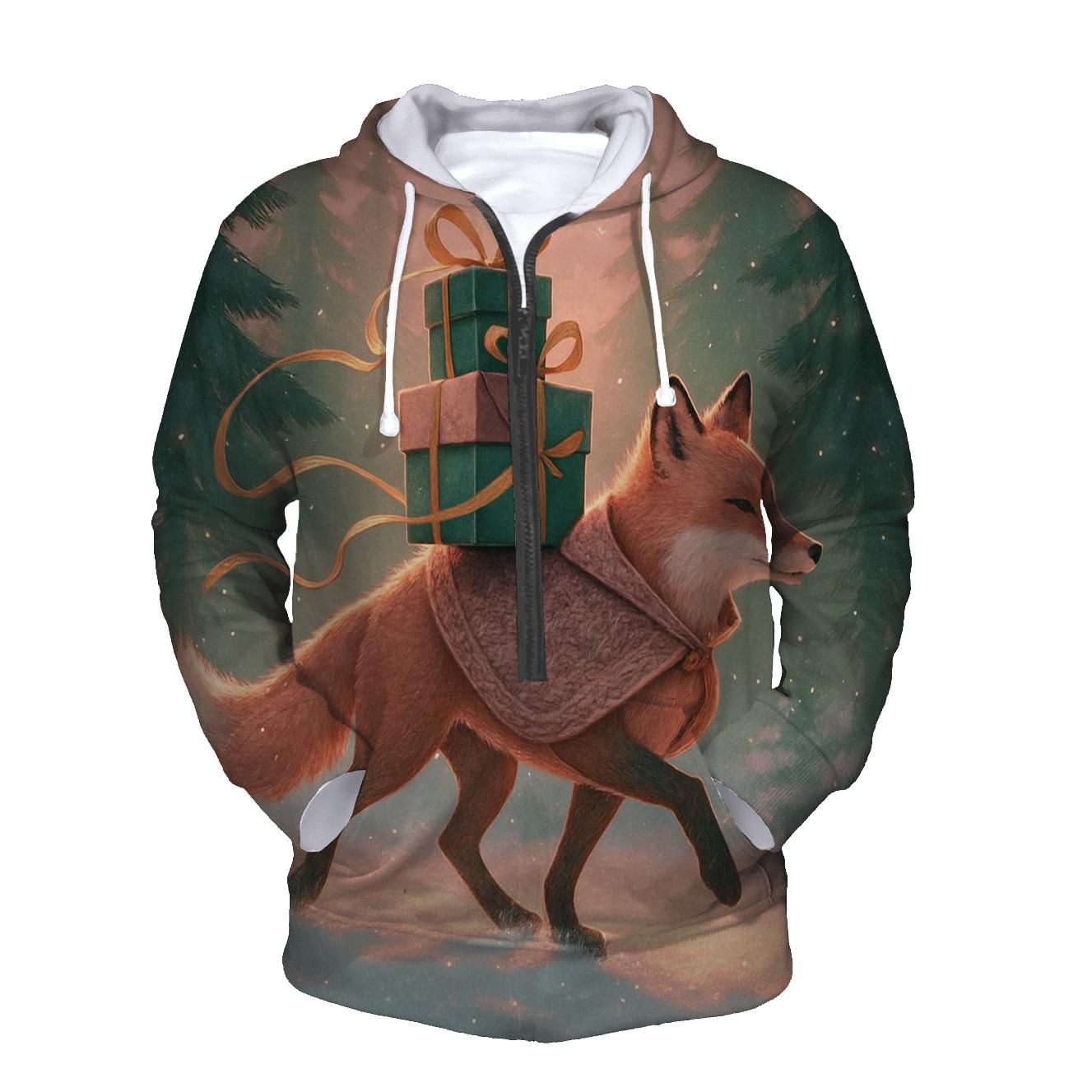Winter Woodland Fox Delivering Wrapped Presents embroidered hoodies