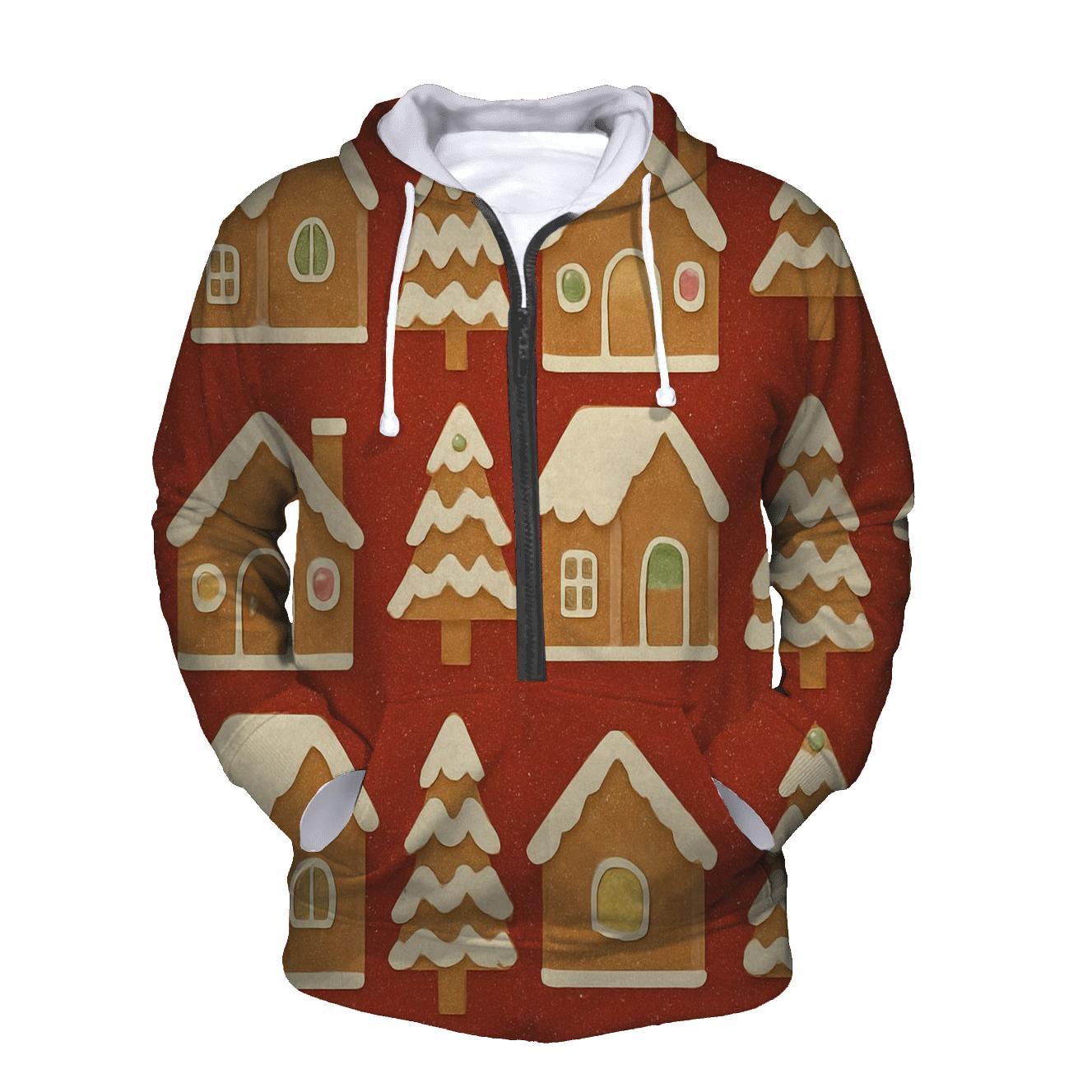 Gingerbread House Block Print Tiles On Warm Red Background hoodie styles