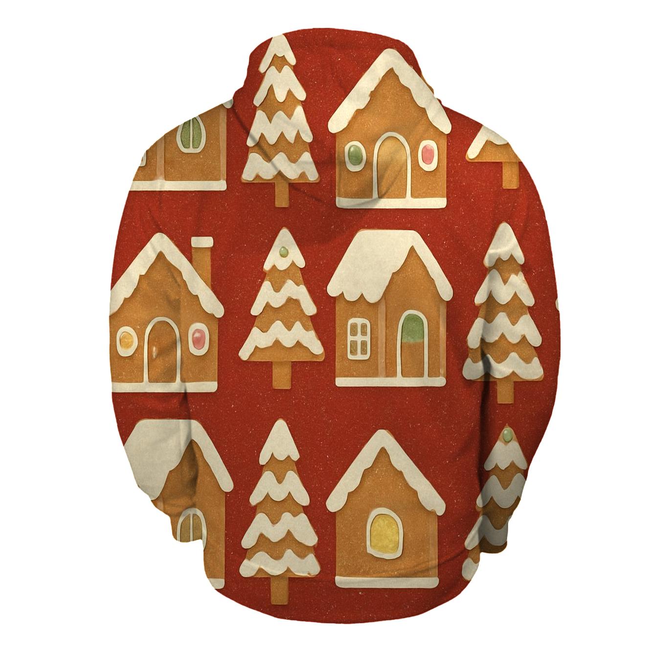 Gingerbread House Block Print Tiles On Warm Red Background hoodie styles