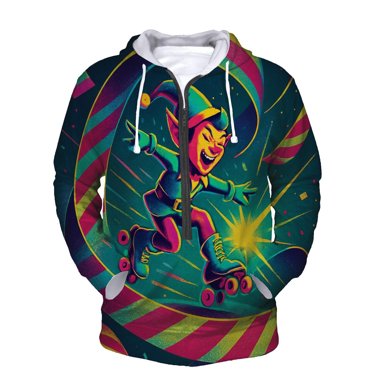 Elf Roller Skating Through Gift Wrap Ribbons embroidered hoodies