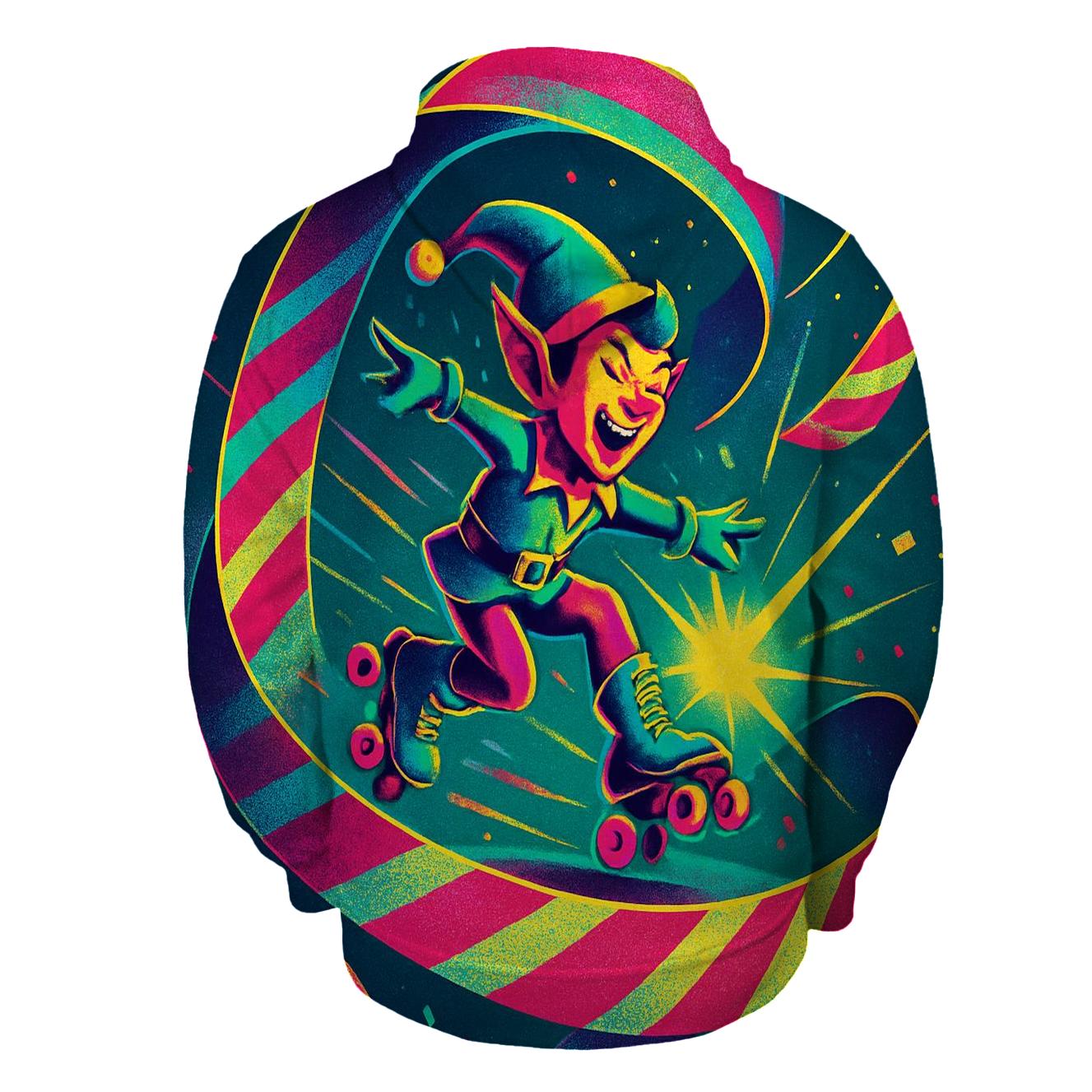 Elf Roller Skating Through Gift Wrap Ribbons embroidered hoodies