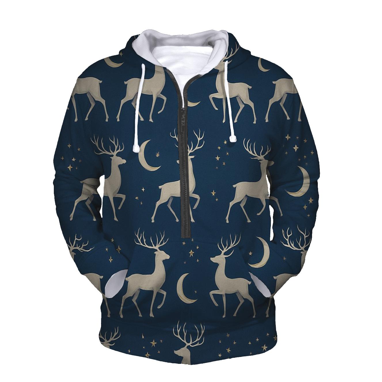 Reindeer Silhouette Moonlit Repeat On Indigo Background printed hoodies