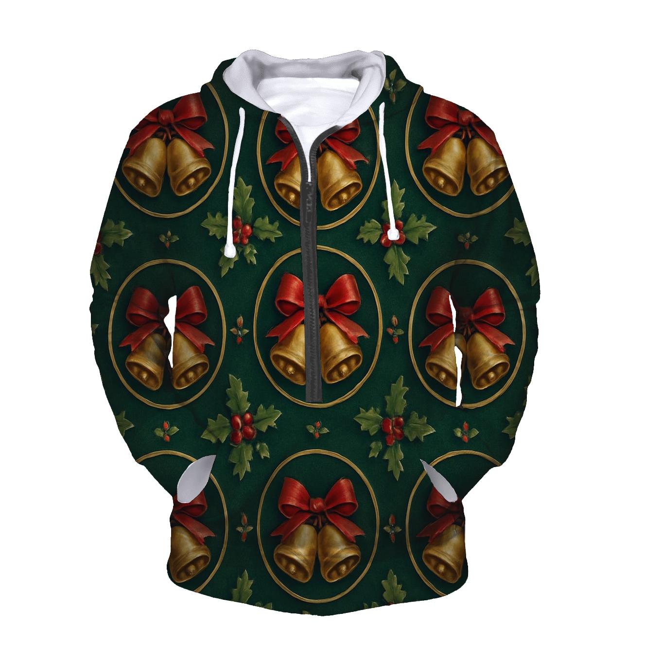 Festive Bell And Ribbon Medallions On Emerald Background premium hoodies