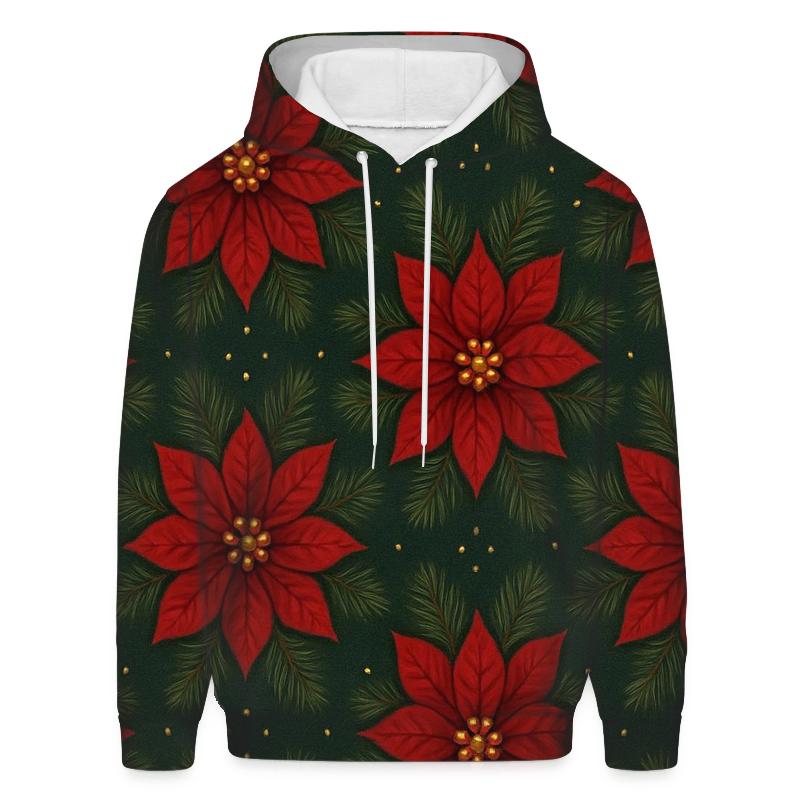 Crimson Poinsettia Starburst Tessellation On Deep Green Background printed hoodies
