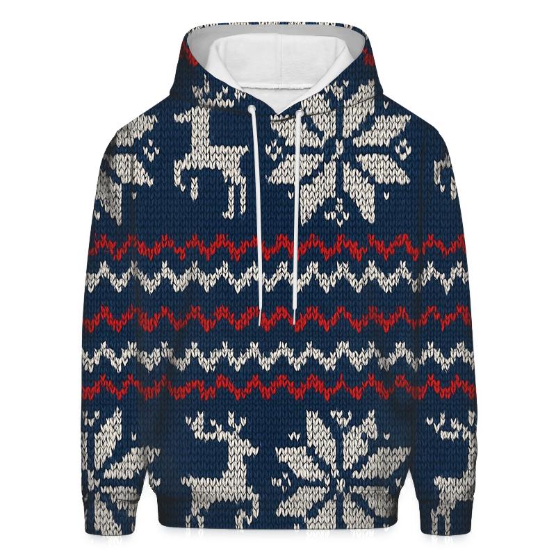 Nordic Knit Snowflake Grid On Navy Blue Background printed hoodies