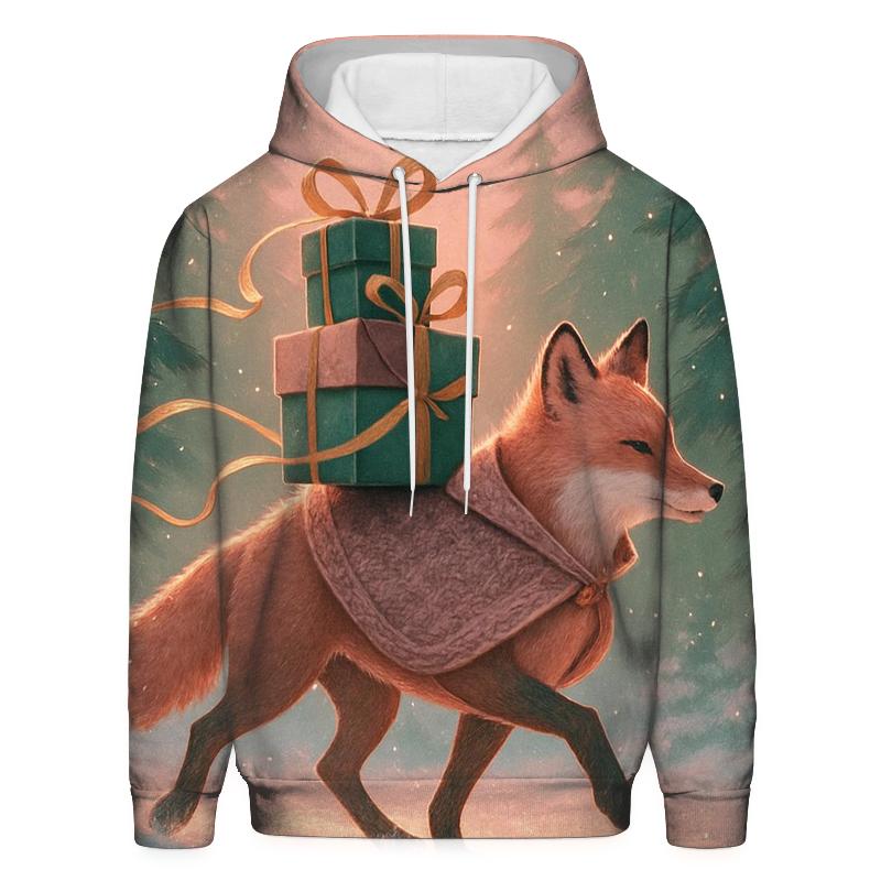 Winter Woodland Fox Delivering Wrapped Presents premium hoodies