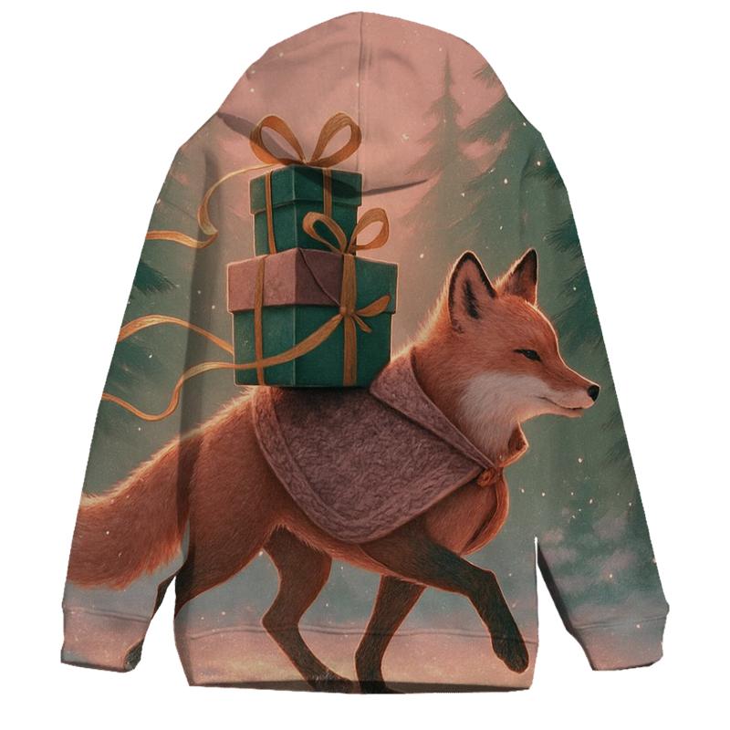Winter Woodland Fox Delivering Wrapped Presents premium hoodies