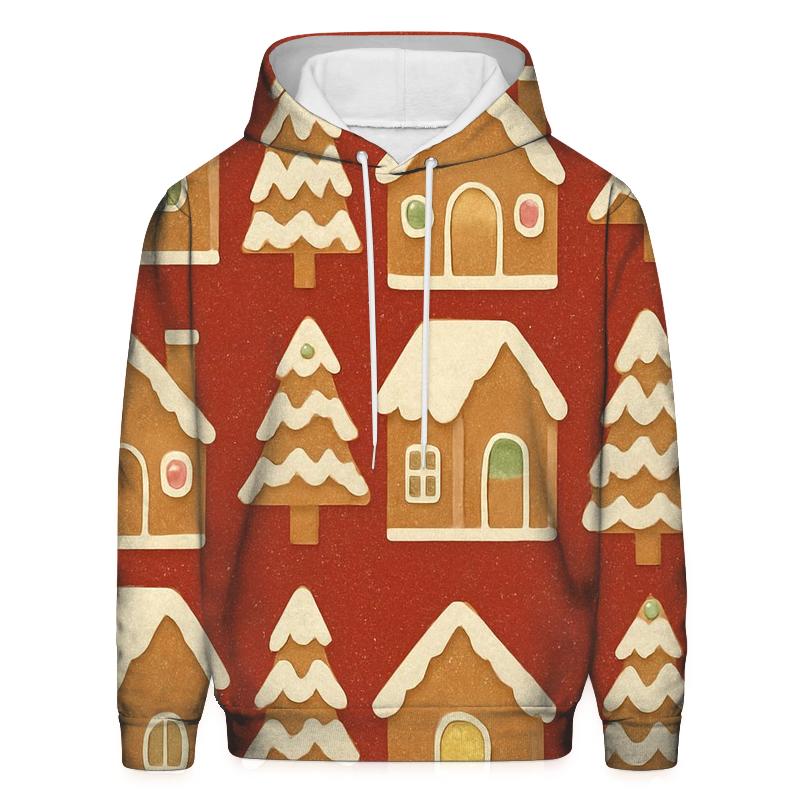 Gingerbread House Block Print Tiles On Warm Red Background designer hoodies