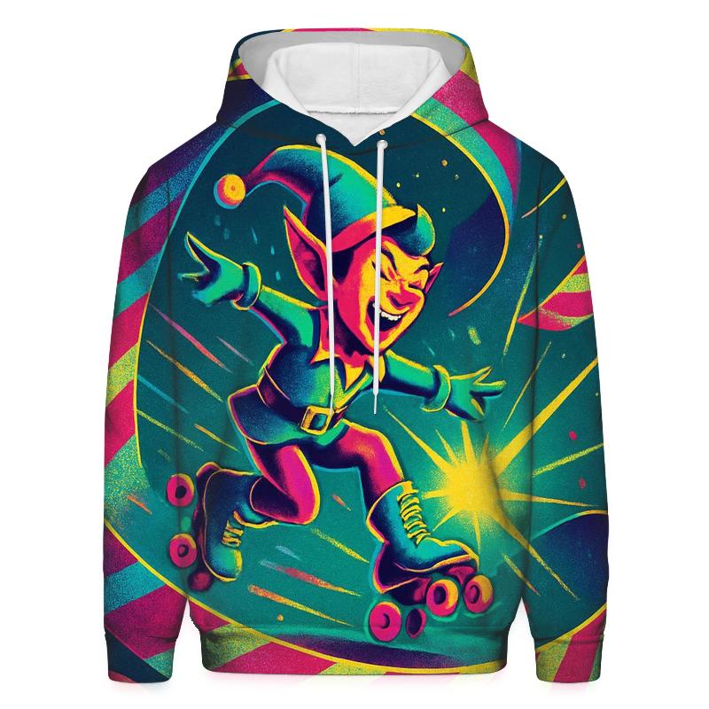 Elf Roller Skating Through Gift Wrap Ribbons graphic hoodies