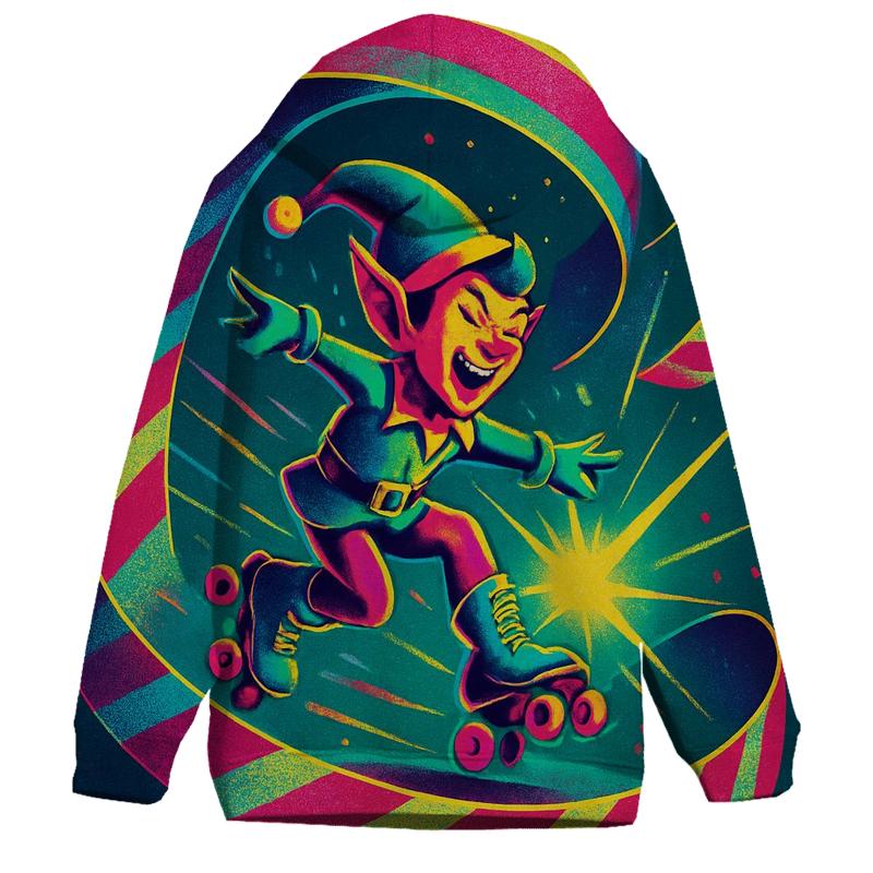 Elf Roller Skating Through Gift Wrap Ribbons graphic hoodies