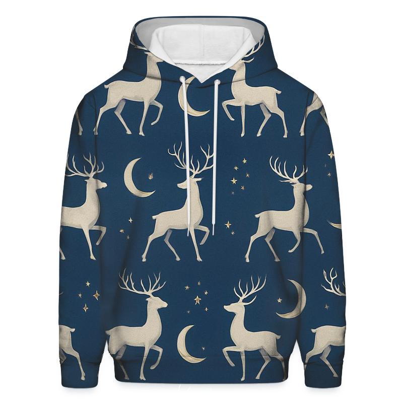 Reindeer Silhouette Moonlit Repeat On Indigo Background designer hoodies