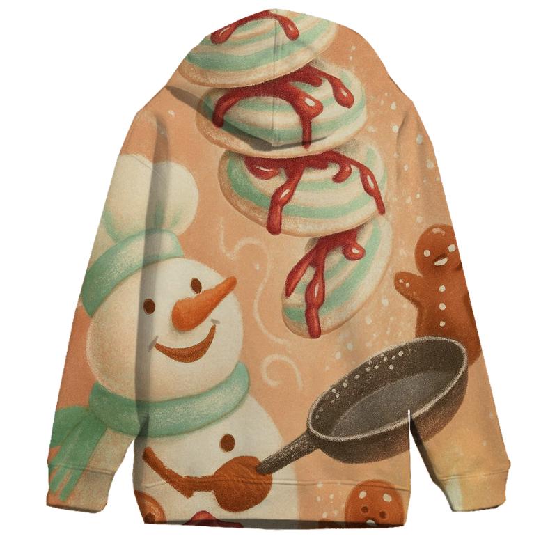 Snowman Chef Tossing Peppermint Pancakes pullover hoodies