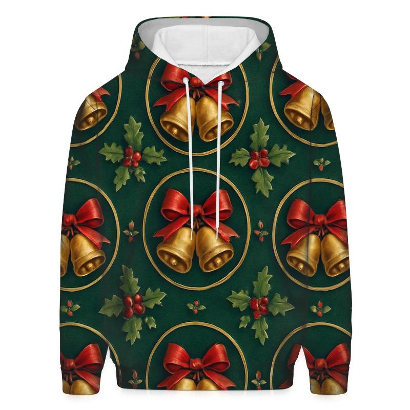 Festive Bell And Ribbon Medallions On Emerald Background designer hoodies