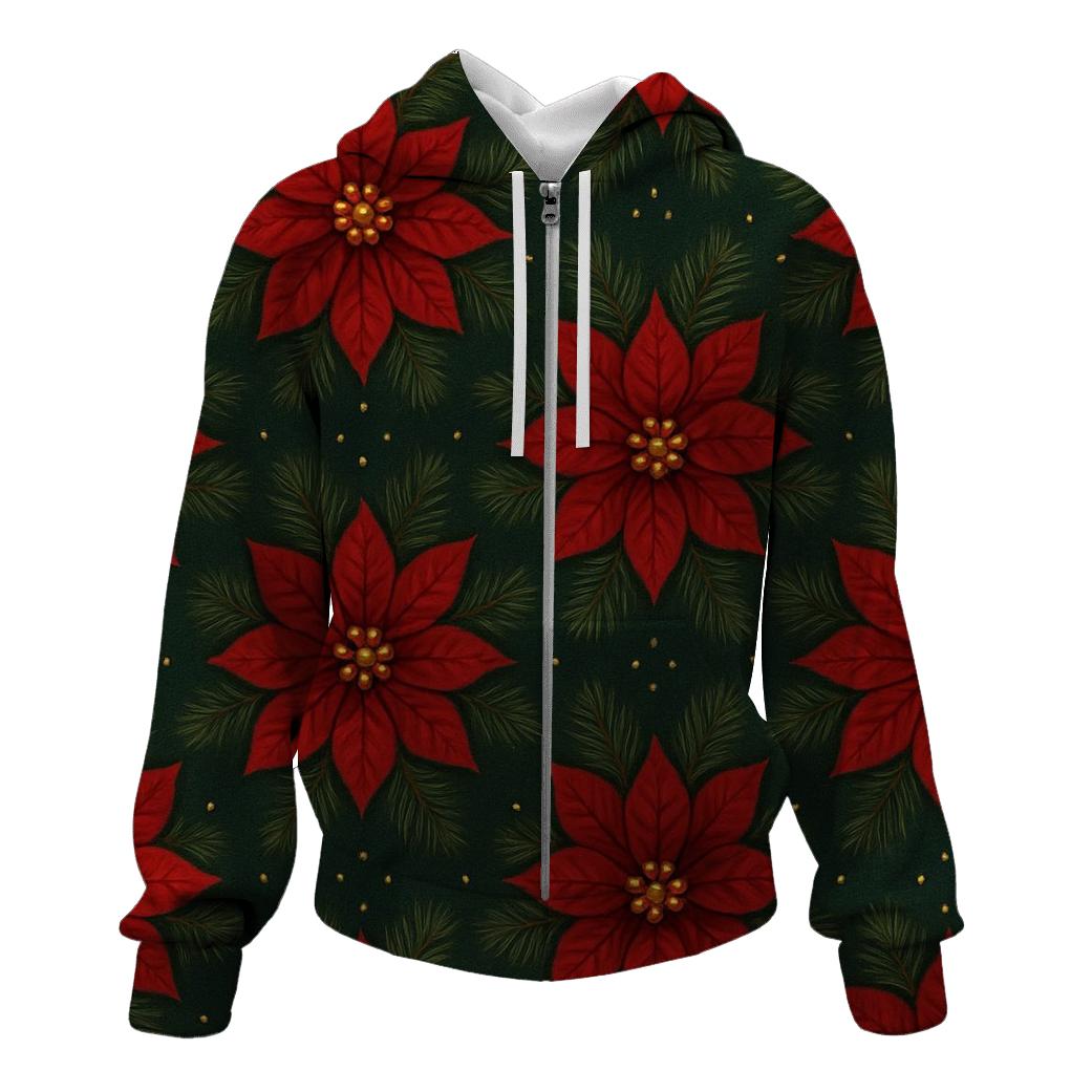 Crimson Poinsettia Starburst Tessellation On Deep Green Background premium hoodies