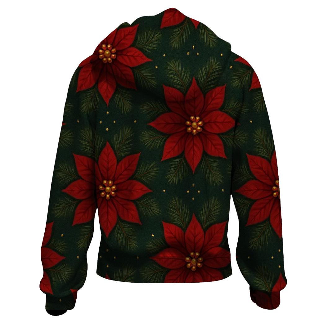 Crimson Poinsettia Starburst Tessellation On Deep Green Background premium hoodies