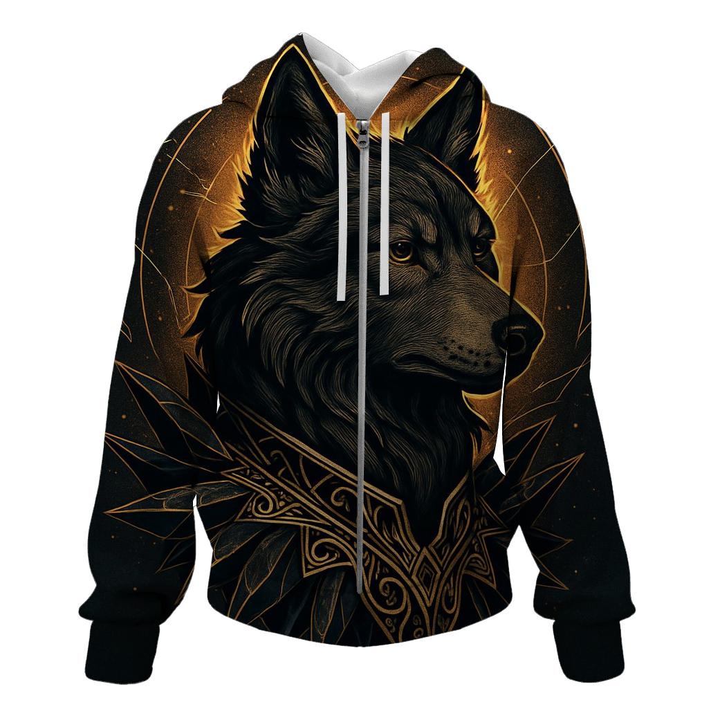 Obsidian Gold Sentinel Wolf graphic hoodies
