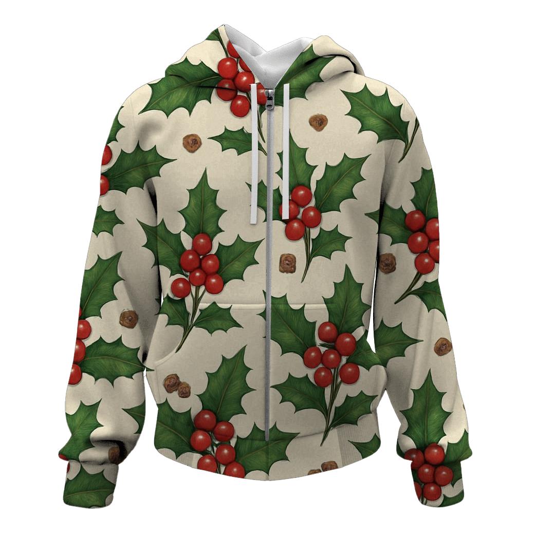 Holly And Berry Scatter Rhythm On Cream Background zip-up hoodies