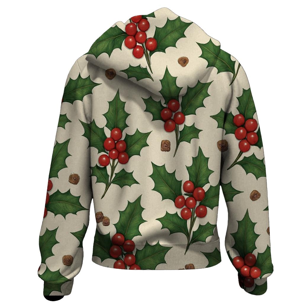 Holly And Berry Scatter Rhythm On Cream Background zip-up hoodies