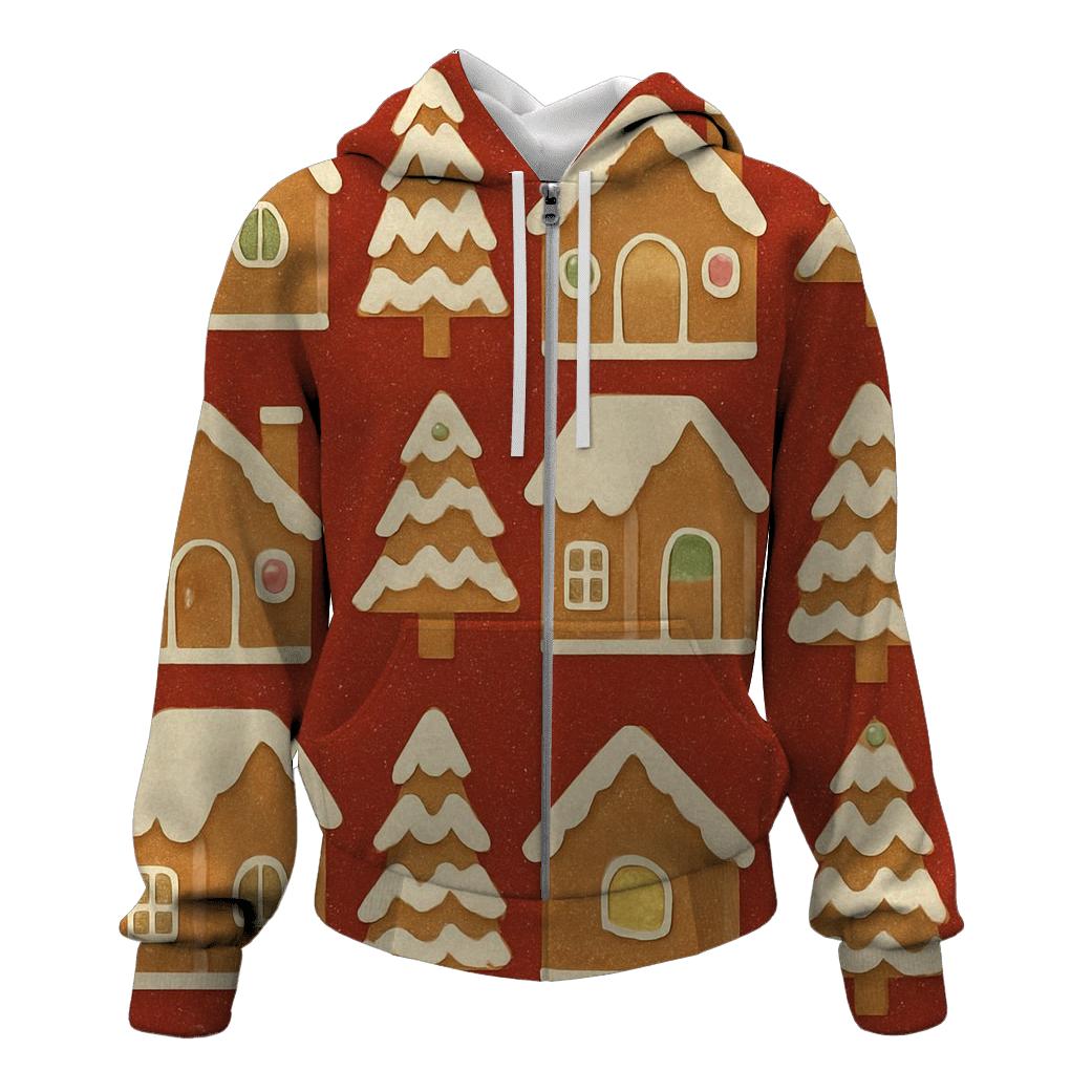 Gingerbread House Block Print Tiles On Warm Red Background hoodie styles