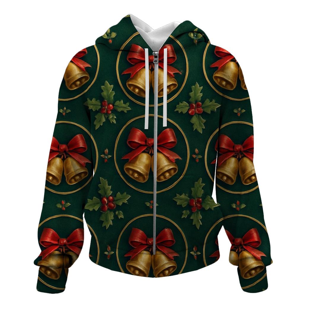 Festive Bell And Ribbon Medallions On Emerald Background graphic hoodies