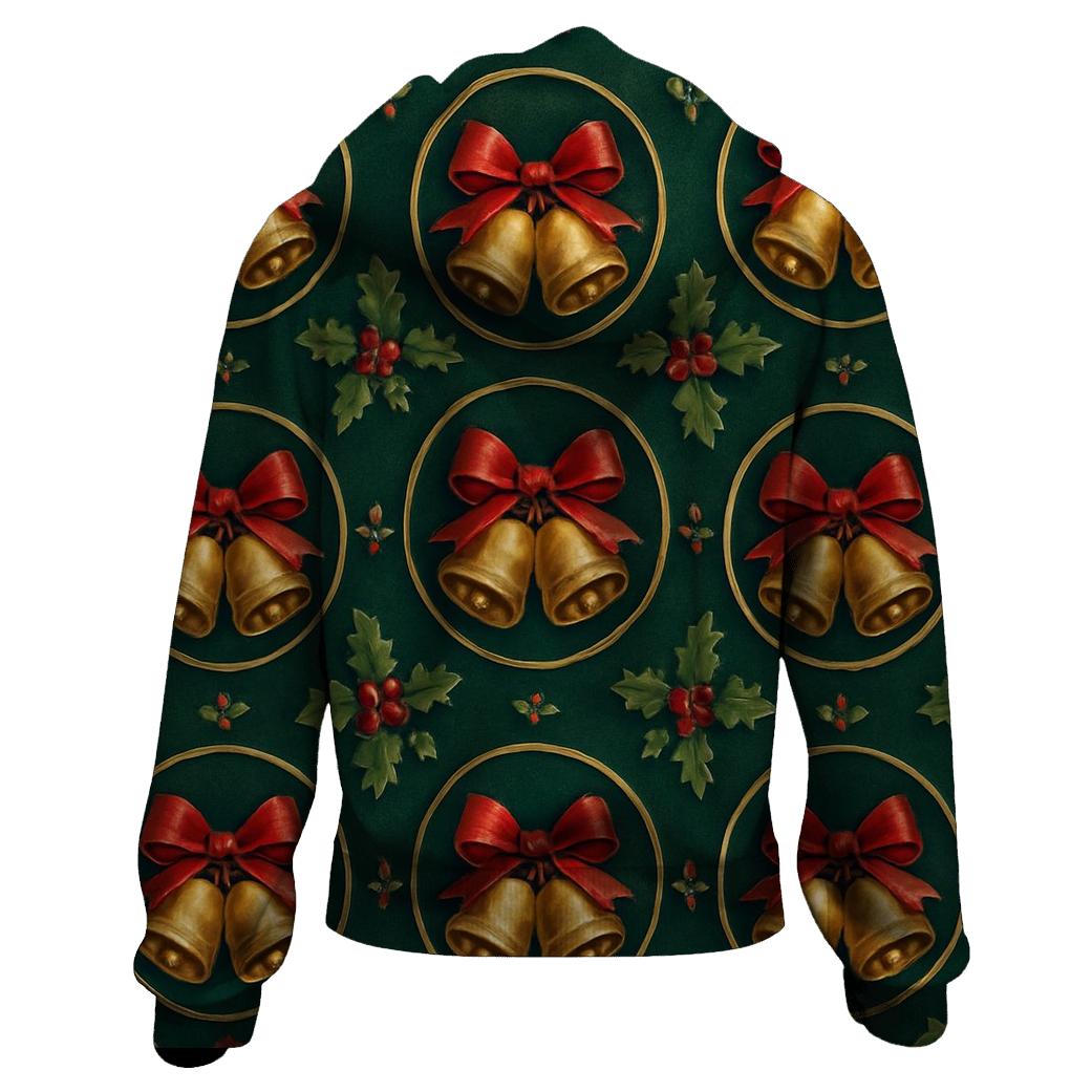 Festive Bell And Ribbon Medallions On Emerald Background graphic hoodies
