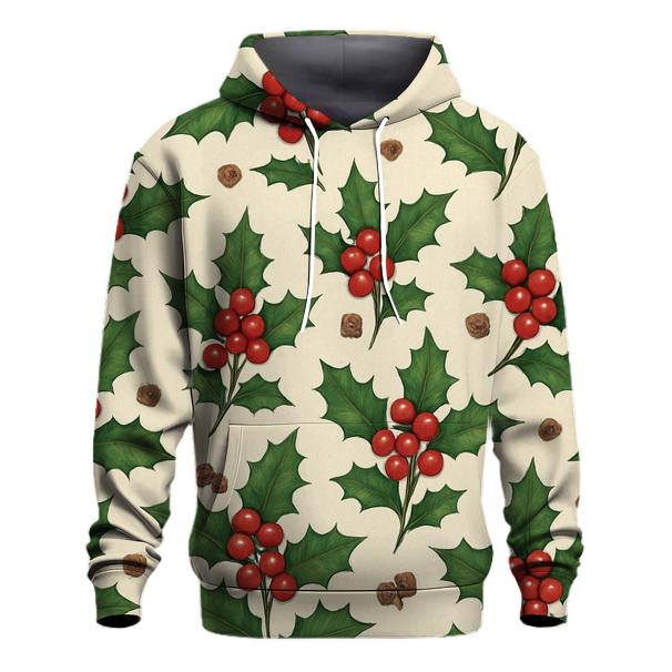 Holly And Berry Scatter Rhythm On Cream Background embroidered hoodies