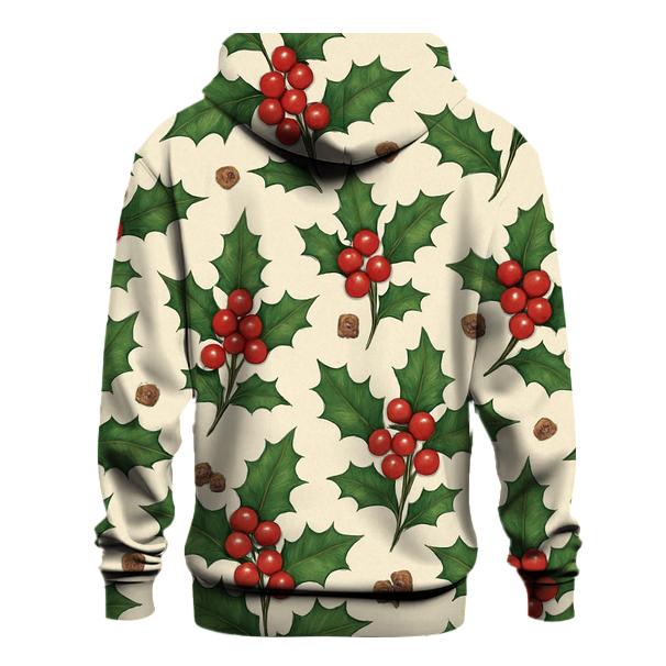 Holly And Berry Scatter Rhythm On Cream Background embroidered hoodies