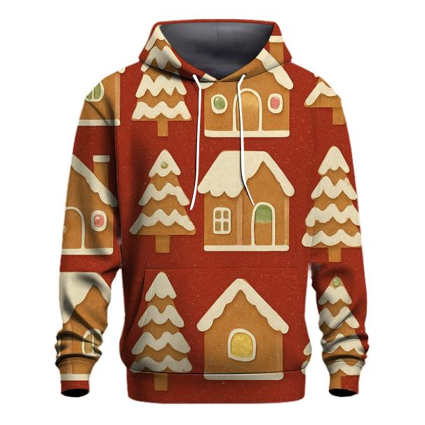 Gingerbread House Block Print Tiles On Warm Red Background graphic hoodies