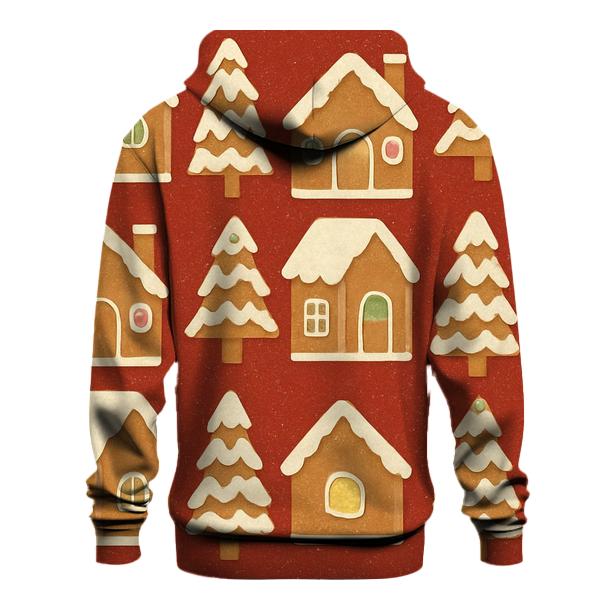 Gingerbread House Block Print Tiles On Warm Red Background graphic hoodies