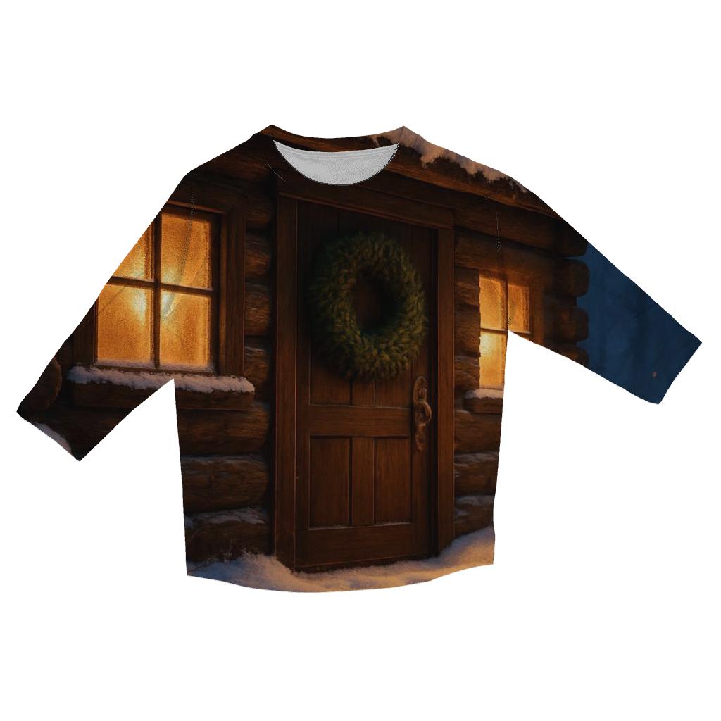 Snowy Cabin Door With Wreath And Warm Footprints cotton quarter sleeve shirts