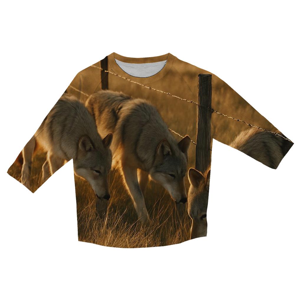 Wolf Pack Pause On Rewilded Prairie Fence Line fashion 3/4 sleeve shirts