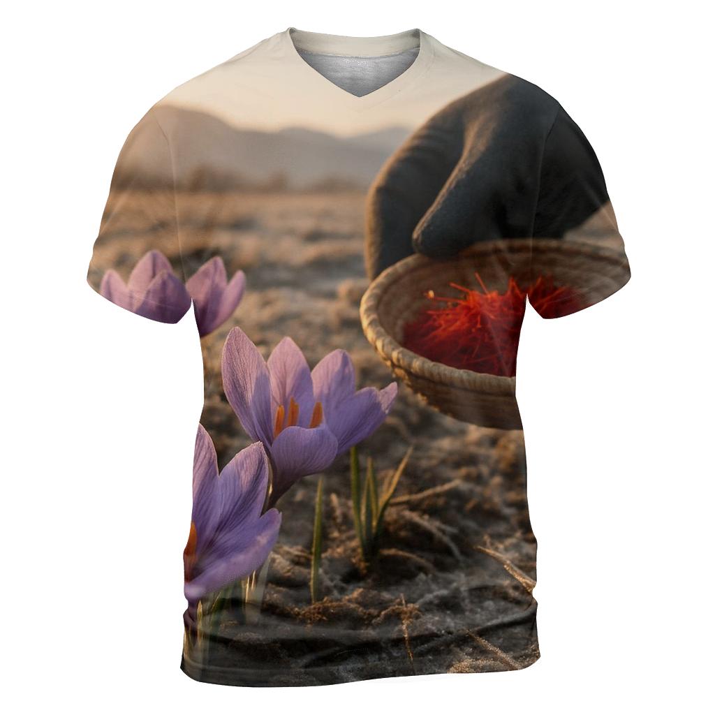 Saffron Crocus Harvest On A Frosted Plateau artistic all-over print tops