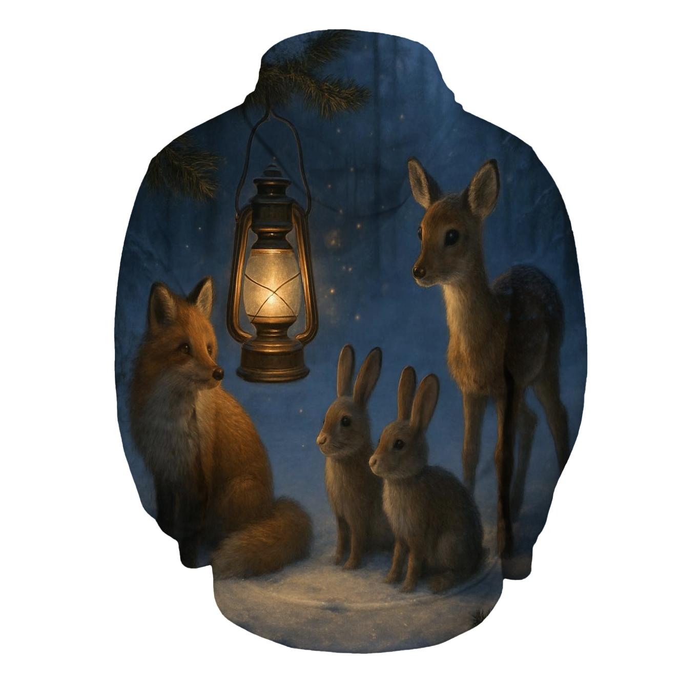 Lantern In A Forest Clearing With Winter Animals lightweight hoodies