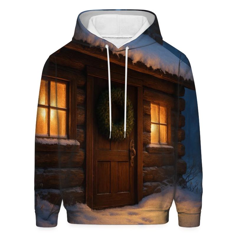 Snowy Cabin Door With Wreath And Warm Footprints pullover hoodies