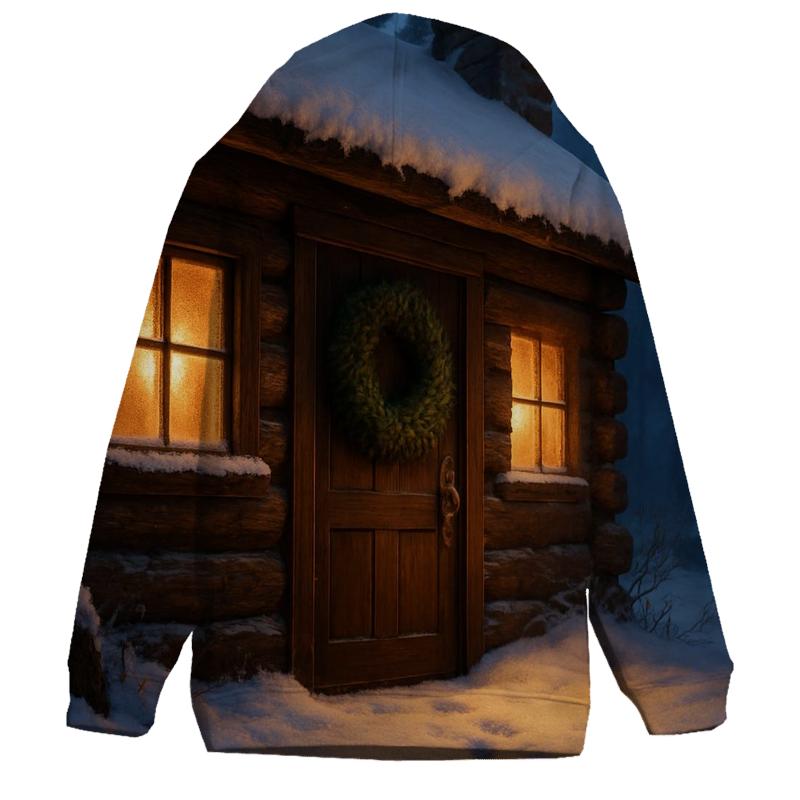Snowy Cabin Door With Wreath And Warm Footprints pullover hoodies