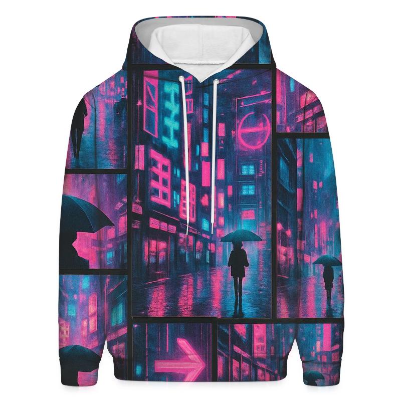 Neon Rain City Collage Grid graphic hoodies