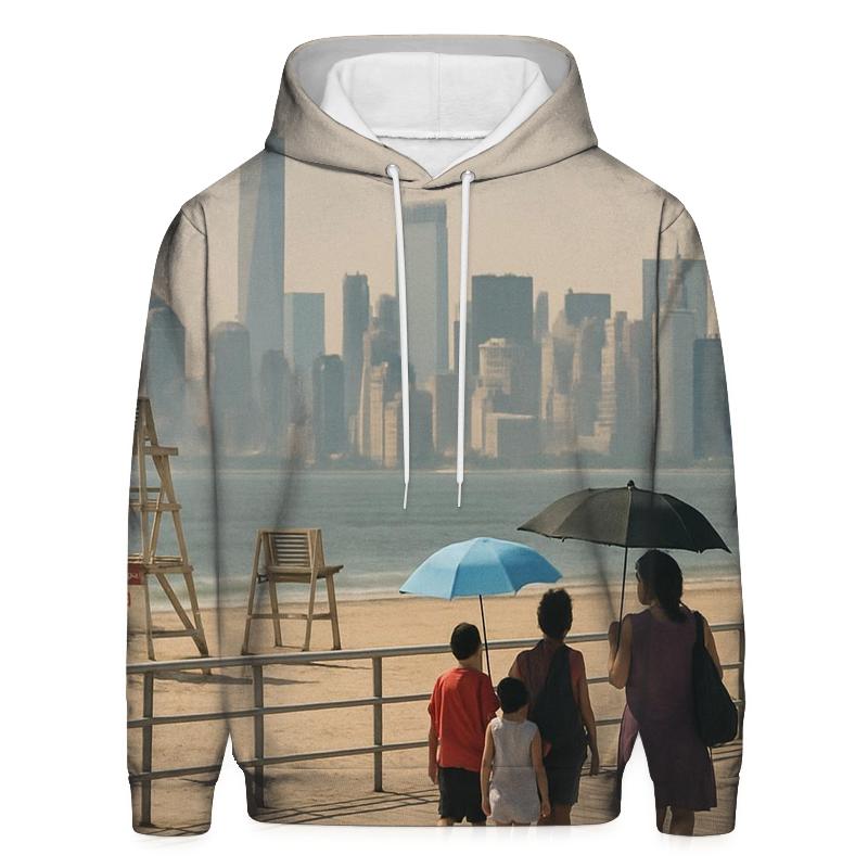 Coney Island Boardwalk With Distant Downtown Skyline embroidered hoodies