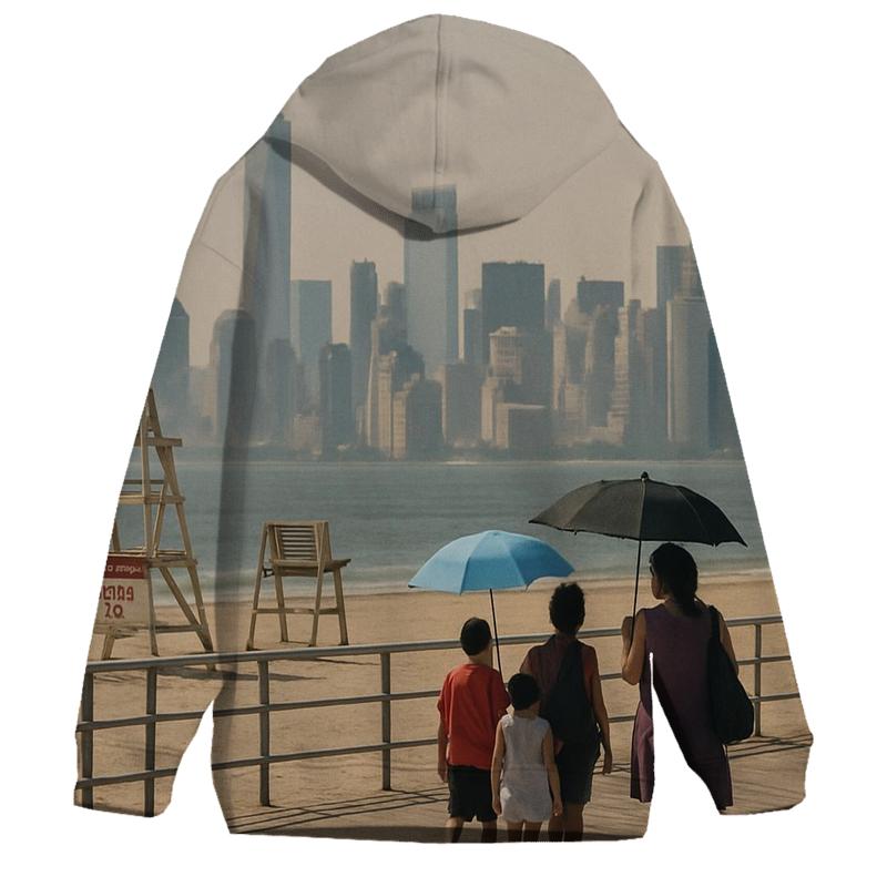 Coney Island Boardwalk With Distant Downtown Skyline embroidered hoodies
