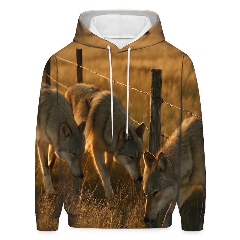 Wolf Pack Pause On Rewilded Prairie Fence Line premium hoodies
