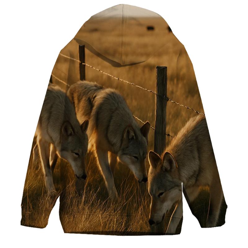Wolf Pack Pause On Rewilded Prairie Fence Line premium hoodies