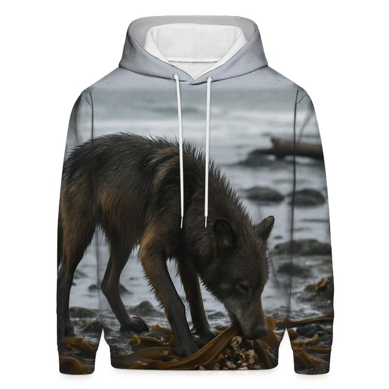 Coastal Wolf Foraging Among Kelp Wrack premium hoodies