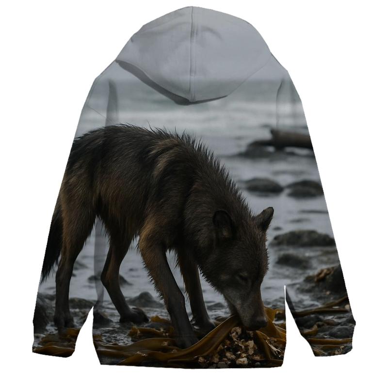 Coastal Wolf Foraging Among Kelp Wrack premium hoodies