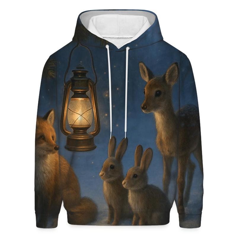 Lantern In A Forest Clearing With Winter Animals lightweight hoodies