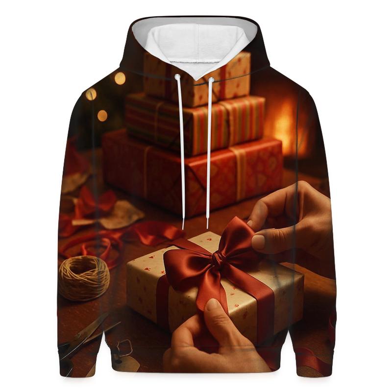 Wrapping Table Chaos In Soft Firelight pullover hoodies