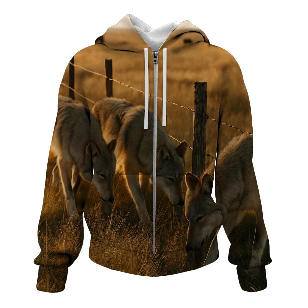 Wolf Pack Pause On Rewilded Prairie Fence Line heavyweight hoodies