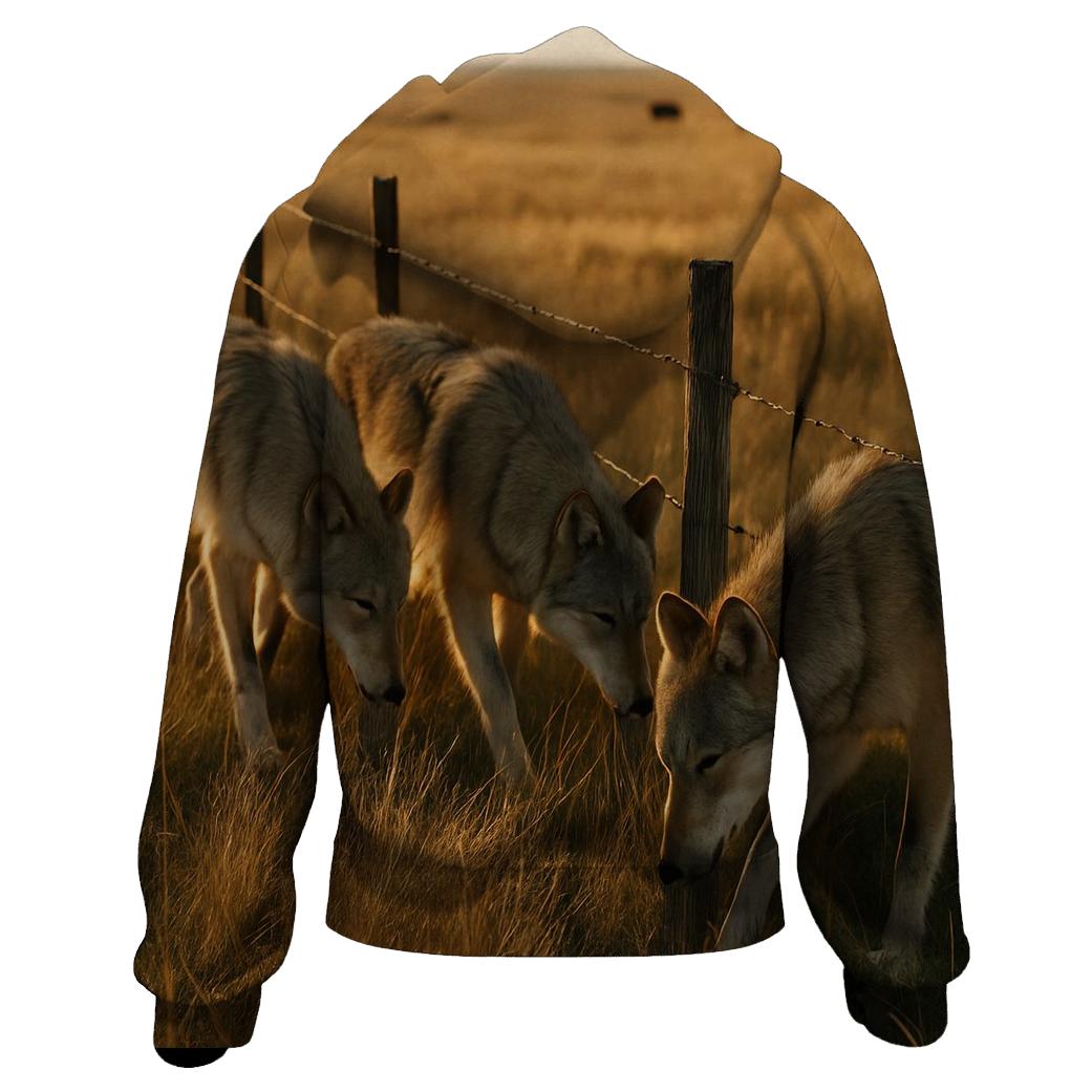 Wolf Pack Pause On Rewilded Prairie Fence Line heavyweight hoodies