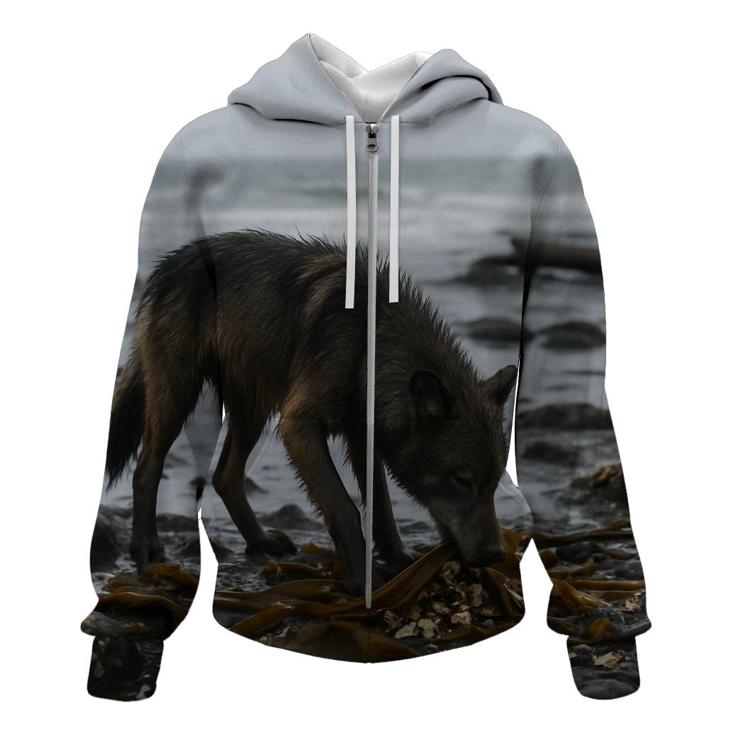 Coastal Wolf Foraging Among Kelp Wrack designer hoodies