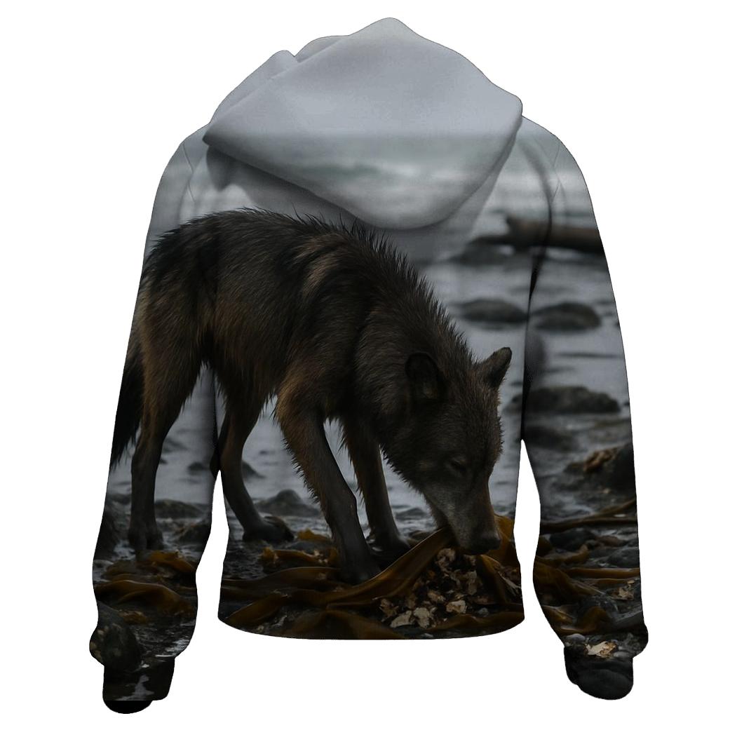 Coastal Wolf Foraging Among Kelp Wrack designer hoodies