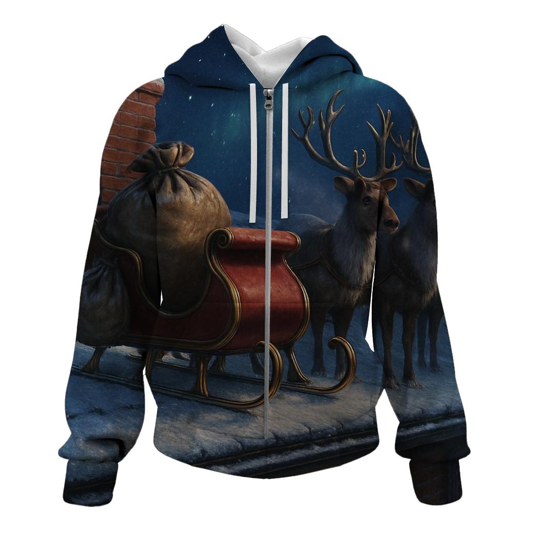Santa Sleigh On Rooftops Beneath A Quiet Aurora hoodies fashion
