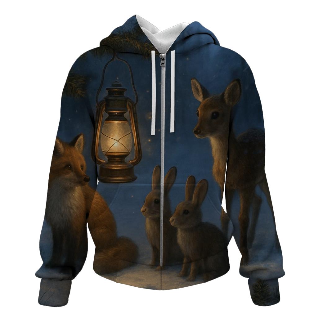 Lantern In A Forest Clearing With Winter Animals embroidered hoodies